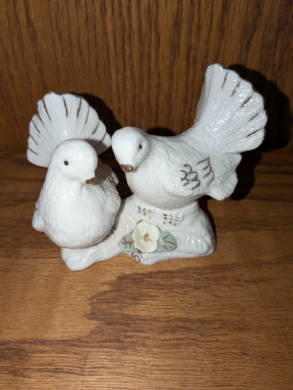 White Ceramic Dove Pair Figurine with Gold Accents